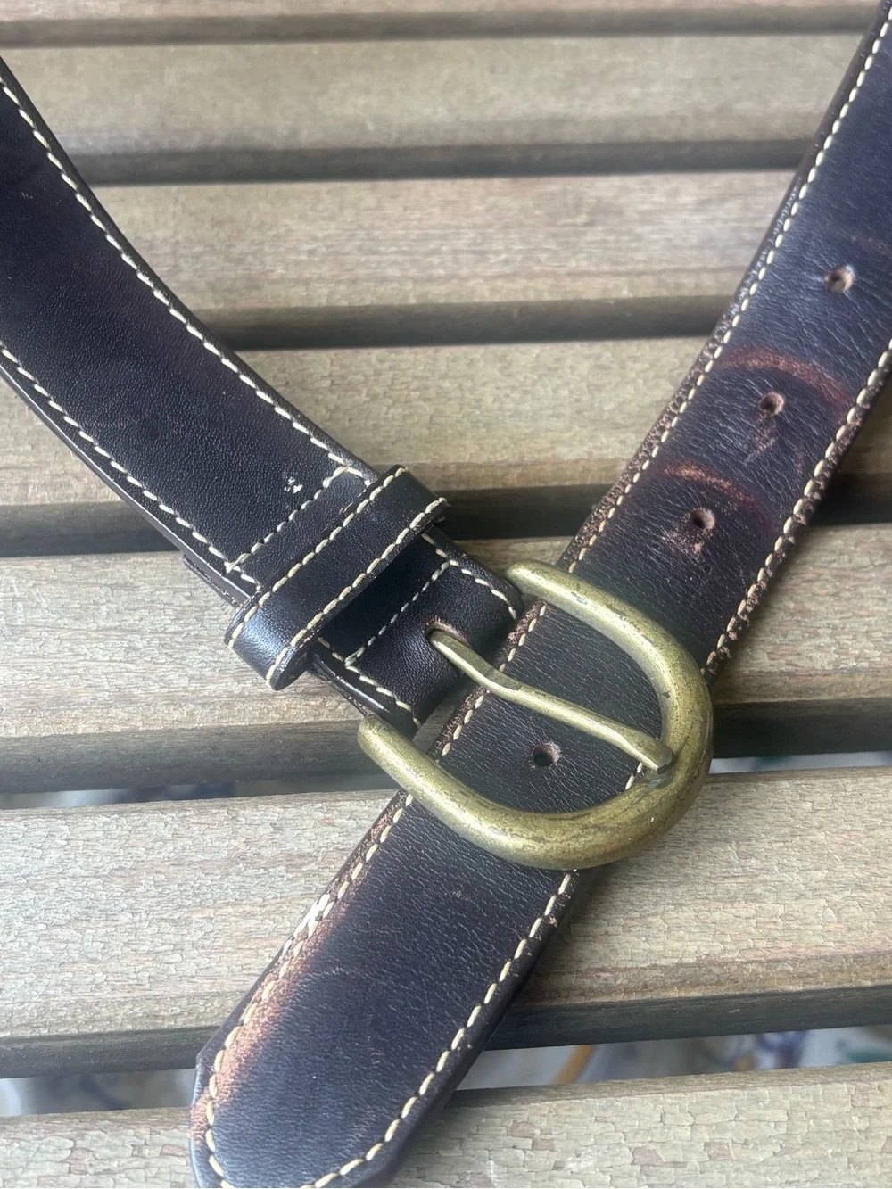J. Crew Brown Leather Belt with Blue Red Yellow Beaded Accent